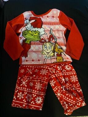 Kids Red Grinch Holiday Pajama Set - Graphic Top & Snowflake Pants